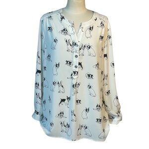 John Mark Women’s Sz XL Ivory French Bulldog Print Tunic Blouse